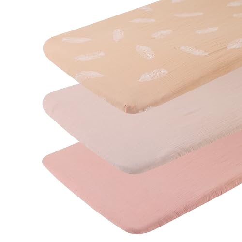 Image of Onacosht Muslin Bassinet Sheets 3 Pack, 35 inchx20 inch, Pink and Feather | Compatible with AMKE 3-in-1, MiClassic, Uiuwoo, Foalom, YADAQE, Milliard & TCBunny Bassinets, baby girl, 100% cotton