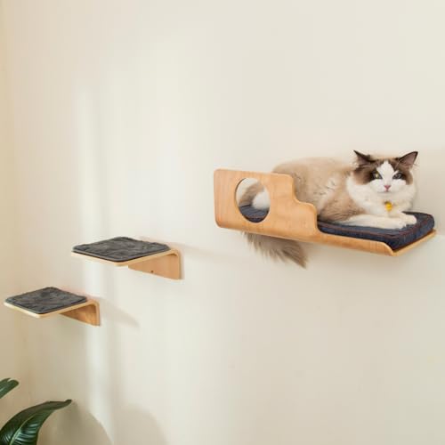 LIORCE Cat Wall Shelves with 2 Steps, Creative Design Cat Shelf with Peephole, 19 x 10 inch Cats Wall Furniture with Comfortable Pad, Cats Perch for Sleeping, Playing, and Scratching.