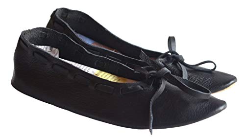 Allbeststuff Medieval Leather Female Flats Natural Leather Women Medieval Flat Footwear Renaissance Shoes ABS (Black, 11)