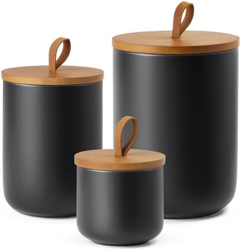 Canisters Set Kitchen, Airtight Coffee Canister, Sugar Container Set With Top Handle, Ceramic Coffee Container Modern Canister Set Kitchen Canisters For Coffee Flour Tea Sugar Nuts, set of 3 (Black)