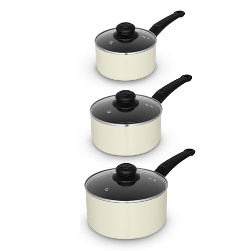 Swan SWPS5023CRM Townhouse - Juego de 3 cacerolas con cacerolas de 16/18/20 cm con tapas de vidrio, asas de baquelita, apto para todo tipo de cocinas (excluyendo inducción), apto para horno, color
