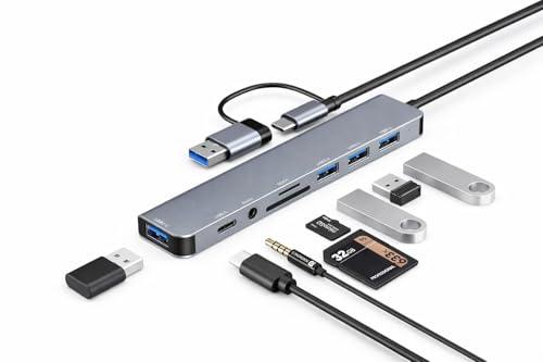 Image of Port 8 Plus 8-in-1 USB Hub, Dual Connector USB 3.0 and Type-C, SD /TF Card Reader, 3.5mm AUX Jack, for Laptops and Tablets