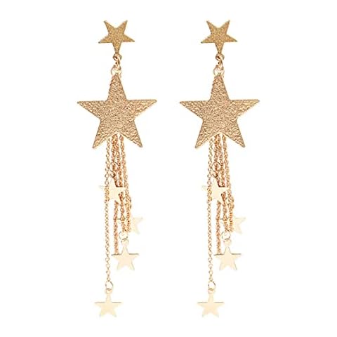 Temperament Long Star Tassel Drop Dangle Earrings for Women Five-Pointed Star Stud Earrings Shiny Starlight Hollow Star Earrings (Gold-4) Cover
