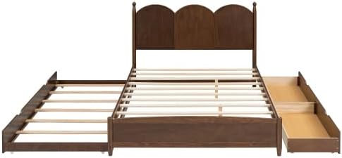 Bellemave Queen Size Platform Bed with 2 Drawers & Trundle, Wood Queen Bed Frame with Curved Headboard & 4 Rounded Pillars (Walnut/Classic)