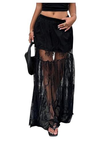 Verdusa Women's Plus Size Sheer Lace Maxi Skirt Ruffle Hem See Through A Line Flowy Skirt