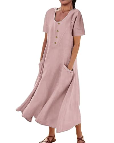 Image of Women's 65% Cotton, 35% Linen Crew Neck Midi Dress, Short Sleeve Dress with Pockets for Summer Daily Wear