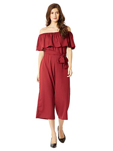 Image of Miss Chase Women's Blue Off-Shoulder Ruffled Midi Jumpsuit