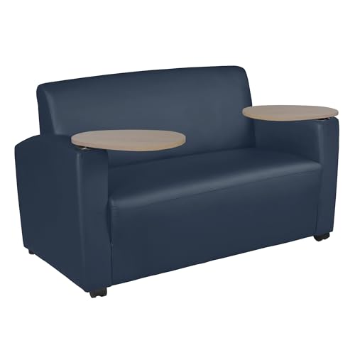Image of Romig Superstellar Loveseat with 360-Degree Swiveling Tablet Arm, Noble Oak Finish, Navy Blue Vinyl Upholstery, Ergonomic Seating for Offices, Homes, Lounges, or Study Areas