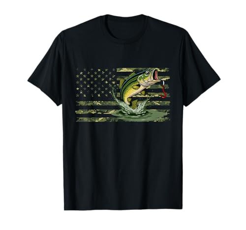 Bandera americana de EE. UU. Camo Bass Fish Fishing Camouflage Fisherman Camiseta