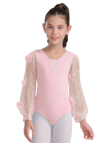 Raenseen Leo De Gimnasia De Manga Larga Abullonada De Malla Con Bordado De Flores En d Para Niñas Mono De Baile De Ballet Mono De Baile Rosa 11-12 años