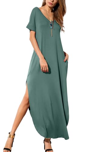 Image of GRECERELLE Women's Summer Maxi Dress Casual Loose V Neck Short Sleeve Side Split Long Dresses with Functional Pockets