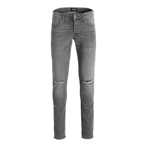 JACK & JONES Mens Distressed Jeans Skinny Fit Low Rise Grey Jeans for Men UK, Grey Colour, Size- 32W / 34L