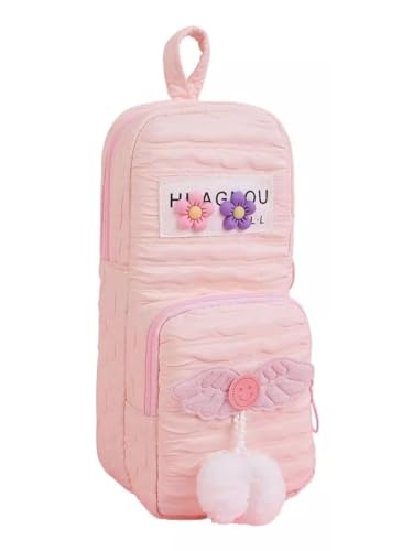 Image of Invite Enterprise Two Layer Aesthetic Pencil Pouch with Plush Ball Decoration for Girls, Smooth Zipper Cute Stationary School Pouches for Kids, Large Capacity Pencil Box for Boys (Pink-HUAGNOU)
