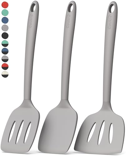 Image of Coukre 3 Pack Silicone Spatula Set, Heat Resistant to 500F, BPA-Free | Fish Spatula, Solid & Slotted Turners, Dishwasher Safe, Spatula Set for Eggs, Pancakes, Fish & Burgers, PureGray
