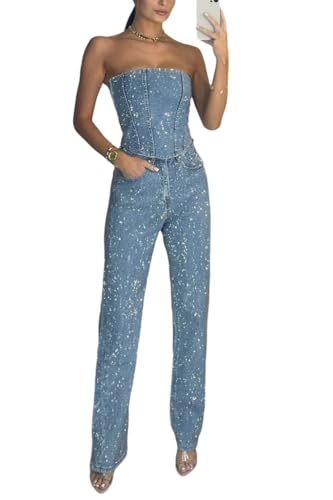 THLAI 2 Piece Denim and Diamonds Outfits for Women...