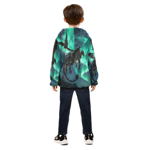 Dragon Flying under Aurora Borealis Toddler Fleece Jacket Girl Boys Hooded Fleece Jacket4