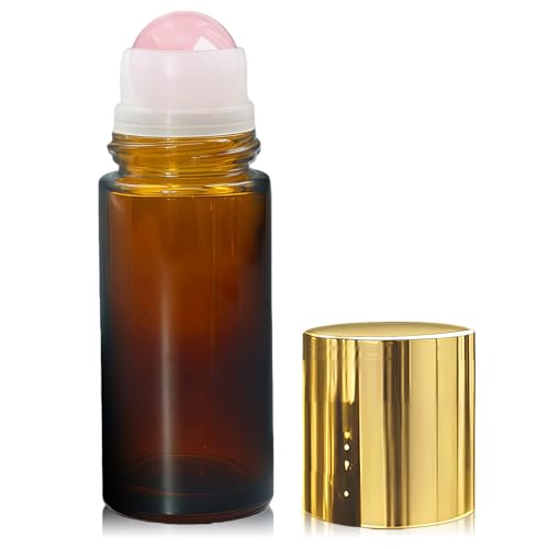 Warmify Rose Quartz Roller Bottles for Essential Oils 50ml Refillable Amber Glass Roll On Bottles with Natural Crystal Roller Balls Leak-Proof Travel Perfume Bottle with Gold Caps