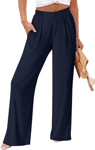 TOPYOGAS Womens Summer Linen Boho Wide Leg Casual Pants Palazzo Button High Waist Lounge Travel Vacation Outfits Navy Blue