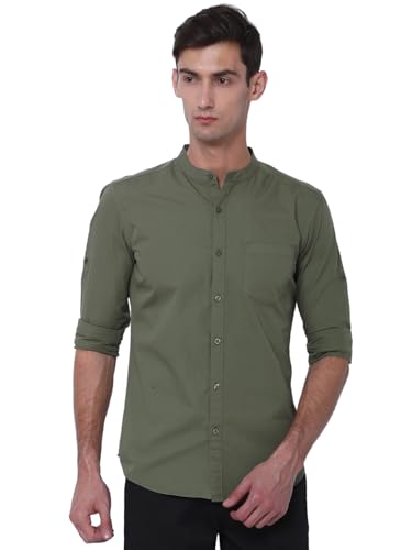 Image of Highlander Men's Slim Fit Casual Shirts | Solid | Long Sleeves | Mandarin Collar | Casual Shirts for Men