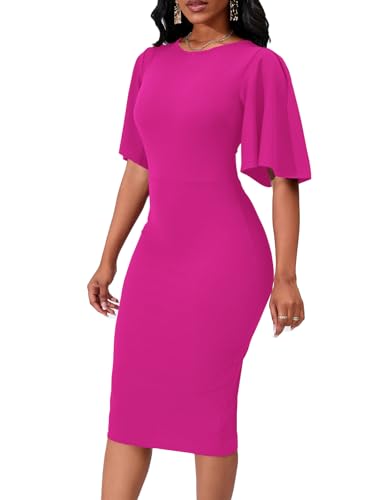 Image of Bdwinz Women's Basic Bodycon Ruffle Flared Short Sleeve Pencil Midi Dress