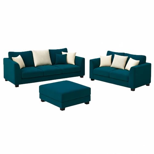 Image of SOCOZI Trevano 3+2 Seater Fabric Sofa Set with Ottoman | Soft Velvet Suede Upholstery | Modern Living Room Furniture (Greenish Teal-Aqua Blue)