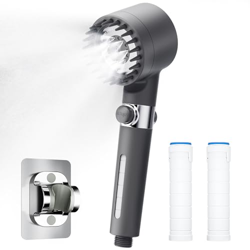 Eaimiu シャワーヘッド マイクロナノバブル ［美しさの新次元！0.001mmのナノバブル］高水圧 節水シャワーヘッド 手元止水 水量調節 3段階モード ウルトラファインバブル シャワーヘッド 塩素除去 毛穴ケア 汚れ除去 肌&髪ケア向上 保湿 shower head マッサージブラシ機能 シャワーフックとカートリッジ2本付き 水漏れ防止 M/K/G/Oアダプター付き 取付簡単（グレー）