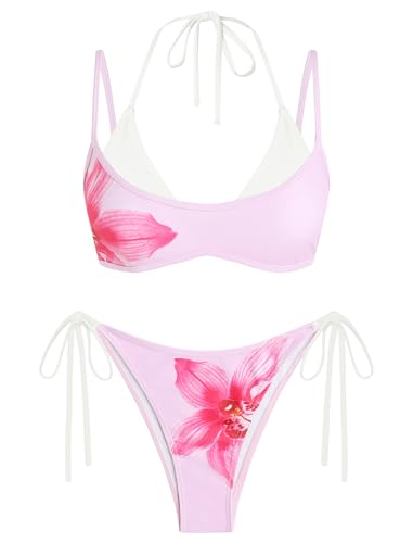 Image of ZAFUL Women's Polka Dot Bikini Set Double Layer Halter Swimsuit Colorblock Side Tie 2 Piece Bathing Suit