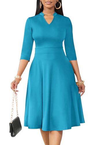 Image of Nmoder Casual Dresses for Women Semi Formal Fit and Flare 3 /4 Sleeve A-line Church Work Dress with Pockets