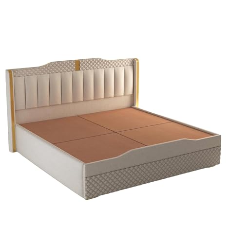 Image of Modern Upholstered Queen Size Bed with Storage | Double Bed with Box Storage & Upholstery Premium Fabric Headboard | Platform Bed for Bedroom & Hotel | Sheesham Wood | White, 6.5 x 5 Ft