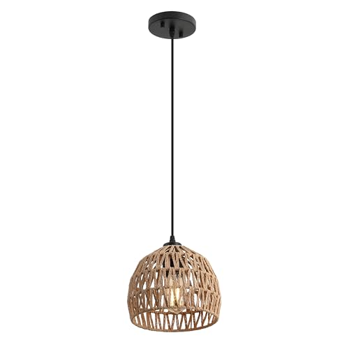 Image of JONATHAN Y 8.25 inch Brown Modern Bohemian Woven Rope LED Pendant Light Fixture, Adjustable Dome Ceiling Lamp for Kitchen Island, Rope Shade, Coastal Farmhouse Decor (JYL6512E)