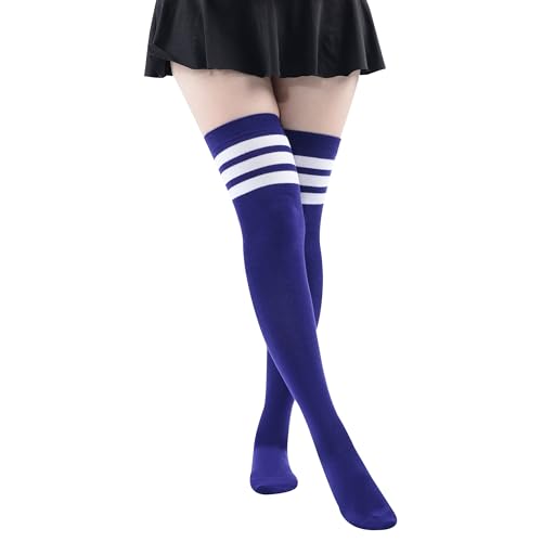 MK MEIKAN Striped Thigh High Socks for Women Cotton Socks, Purple White
