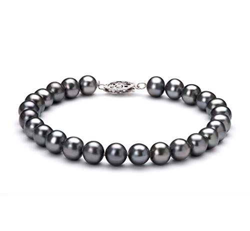 Black 6-7mm AA Quality Freshwater 925 Sterling Silver Cultured Pearl Bracelet For Women