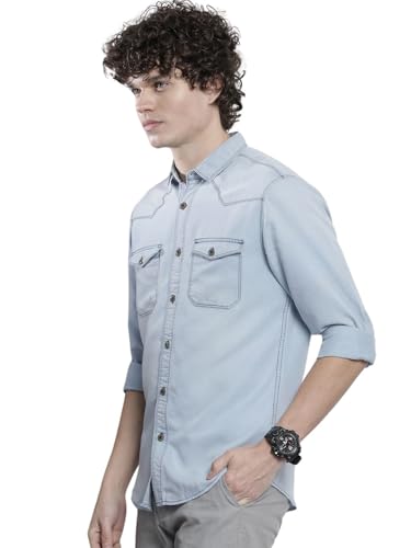 Image of The Indian Garage Co Men Slim Fit Solid Full Sleeves Cutaway Collar Double Flap Pocket Casual Denim Shirt