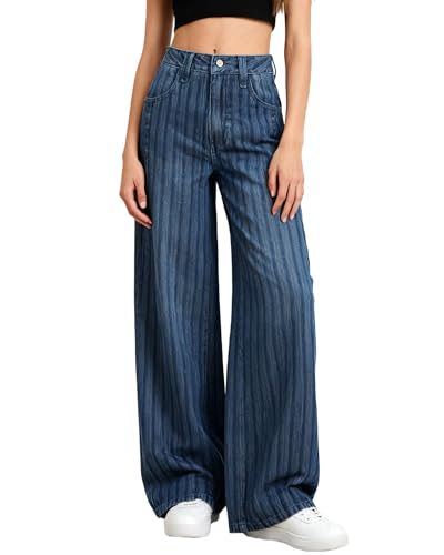 Flvsun Women's Striped Jeans Mid Rise Barrel Baggy Jeans 90S Vintage Wide Leg Casual Denim Pants 2026 Trendy Jeans Blue L