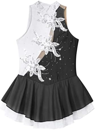 Aislor Girls Figure Roller Ice Skating Dress Long Sleeve Skirted Keyhole Back Leotards Bodysuit Ballerina Dance Dress ^7^Black&White 10 Years