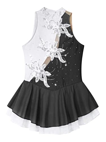 Aislor Girls Figure Roller Ice Skating Dress Long Sleeve Skirted Keyhole Back Leotards Bodysuit Ballerina Dance Dress ^7^Black&White 10 Years #TOP24