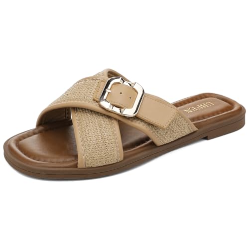 Image of UBFEN Womens Square Toe Flat Sandals Slides Dressy Comfortable for Beach
