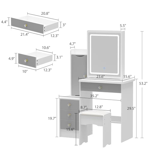 FAMAPY Vanity Desk with Mirror and Lights, Vanity Makeup Desk with Sliding Lighted Mirror, Vanity Mirror Makeup Desk with Cushion Stool, Drawers and Shelves, White and Grey
