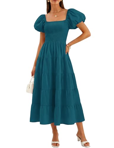 Image of ZESICA Women's 2026 Summer Puff Sleeve Midi Dress 2026 Boho Solid High Waist Flowy Beach Wedding Guest Long Dresses