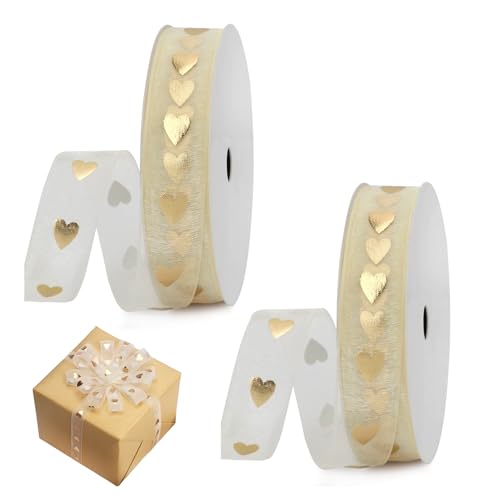 YingMengZhiGe 2 Rollen Geschenkband Gold Schleifenband Gold Goldenes Band Geschenkband Hochzeit Satinband gold für Geschenk Haarschleifen Brautstrauß Nähprojekte Hochzeits Dekoration