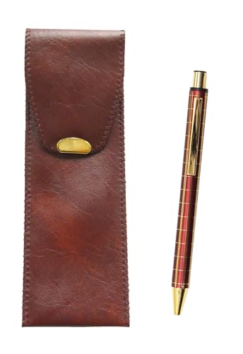 赤ステッチ合皮ペンケース茶色 NQ30K 太軸金属ストレートノック・ダブルアルマイト加工格子ボールペンセット 赤 3個パック T23-CBR-NQ30KB-R-3