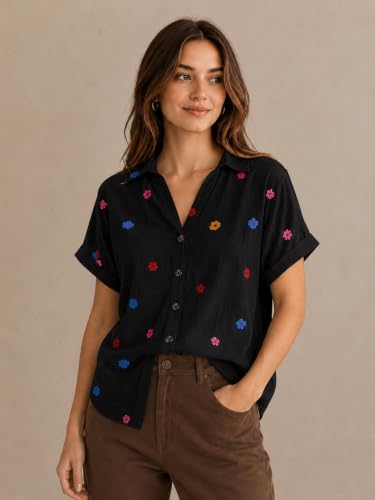 Image of TAGAS Women's Floral Embroidered Shirt||Elegant Short Sleeve Shirts for Casual & Office Wear | Stylish Summer Button-Down Shirt for Girls & Women| Women Top's || Shirt for Womens|| Women wear|
