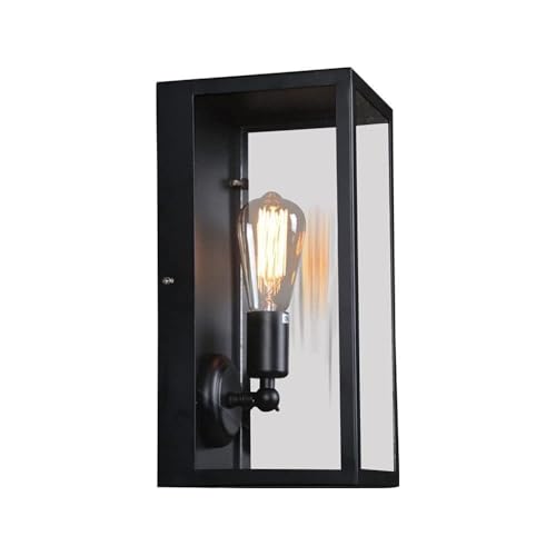 Aplique de Pared de Hierro Negro, Estilo Industrial Retro, Farol de Pared, Pantalla de Cristal Transparente, Cuerpo de Hierro Pintado, Resistente al Agua, lámpara de Pared exterio