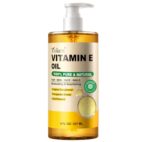 Yoken Vitamin E Oil for Skin Face Body 8 Oz Cold Pressed Vitamine Body oils | Pure D-Alpha Tocopherol Liquid Nails Vit e Women Moisturizing Dry Skin Unscented Carrier Oil Hydrate Hexane Free After Shower