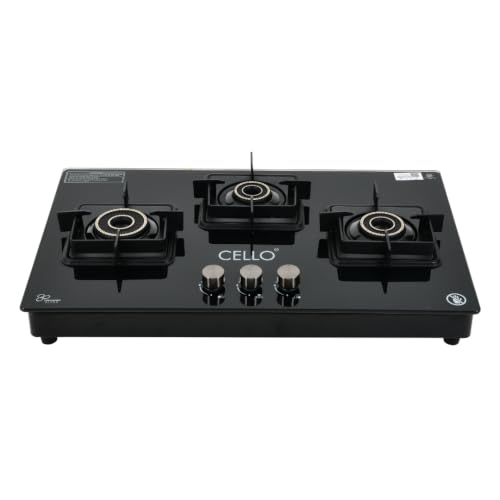 Image of Cello Classic Plus 3 Burner Gas Stove | Glass Hob Top Cooktop with Brass Burners | 8mm Toughened Glass | ISI Certified | Manual Ignition | Flame Guard Pan Supports | Premium Black