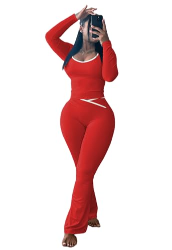 HBQ 2 Piece Sets For Women Casual Contrast Binding Crop Top and Flare Pants Lounge Sets Tracksuit-S-Big Red