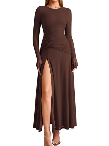 KUTUMAI Long Sleeve Slit Formal Dresses for Women 2025 Fall Wedding Guest Cocktail Party Modest Ruched Maxi Dress