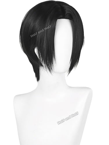 Image of Short Black Emo Wig Black Straight Anime Cosplay Wig with Bangs for Women | Black Center Part Punk Singer Costume Wigs Synthetic Hair for Halloween Party Costumes Daily