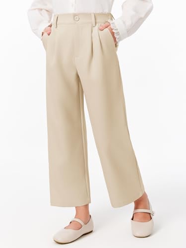 Image of Haloumoning Girls Uniform Pants Kids High Waisted Wide Leg Dress Pants Casual Trousers with Pockets 5-14 Years