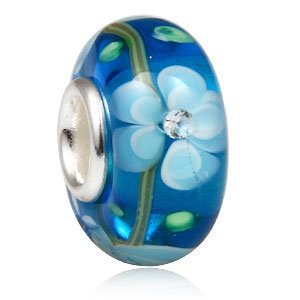 White & Blue Flower Blossom with Inside CZ Murano Glass 925 Sterling Silver Solid Core Charm Fits European Charm Bracelet